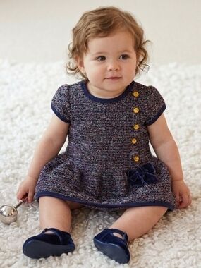 Little Me Blue Tweed Boucle Baby Knit Dress Velvet Bow Preppy Academic 12M